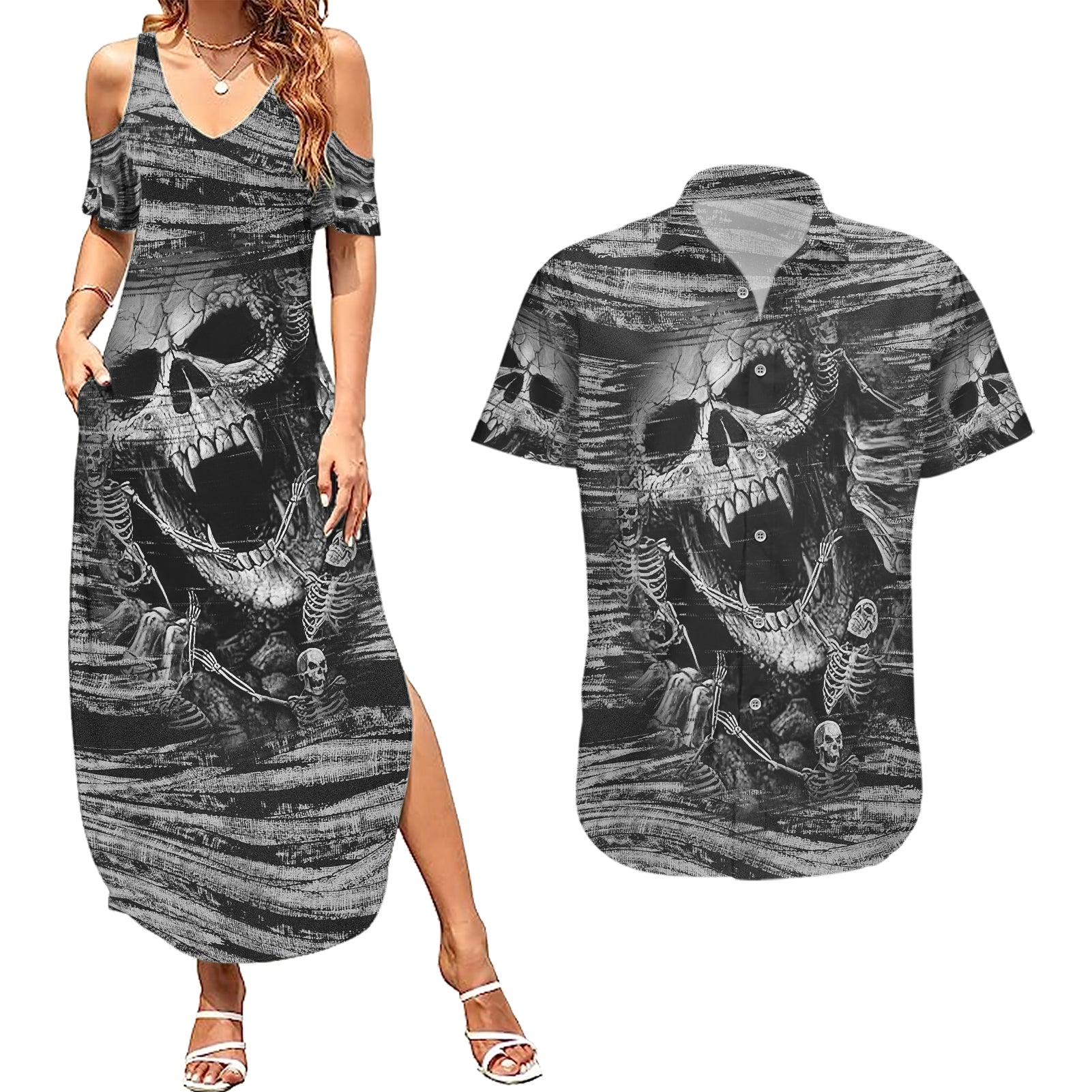 black-and-white-metallica-skull-couples-matching-summer-maxi-dress-and-hawaiian-shirt