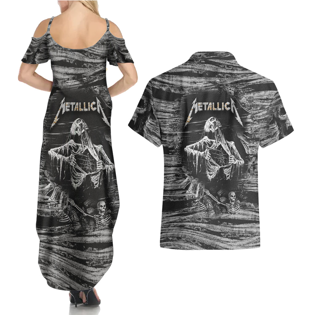 black-and-white-metallica-skull-couples-matching-summer-maxi-dress-and-hawaiian-shirt