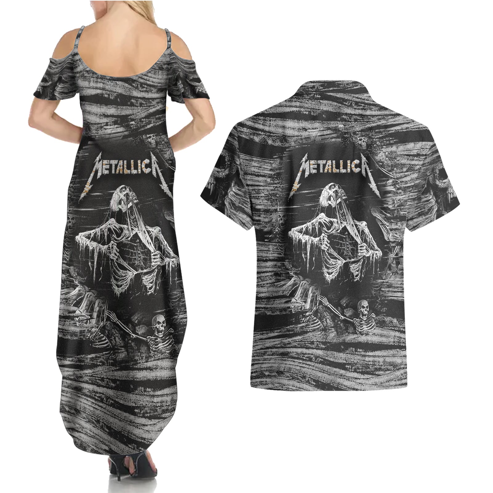 black-and-white-metallica-skull-couples-matching-summer-maxi-dress-and-hawaiian-shirt