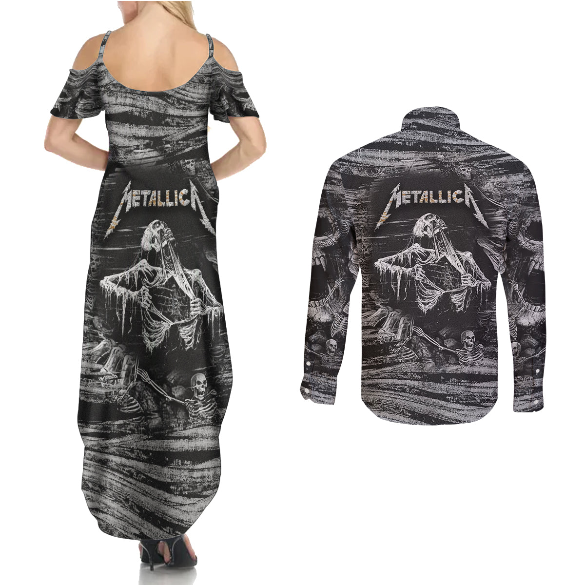 black-and-white-metallica-skull-couples-matching-summer-maxi-dress-and-long-sleeve-button-shirts