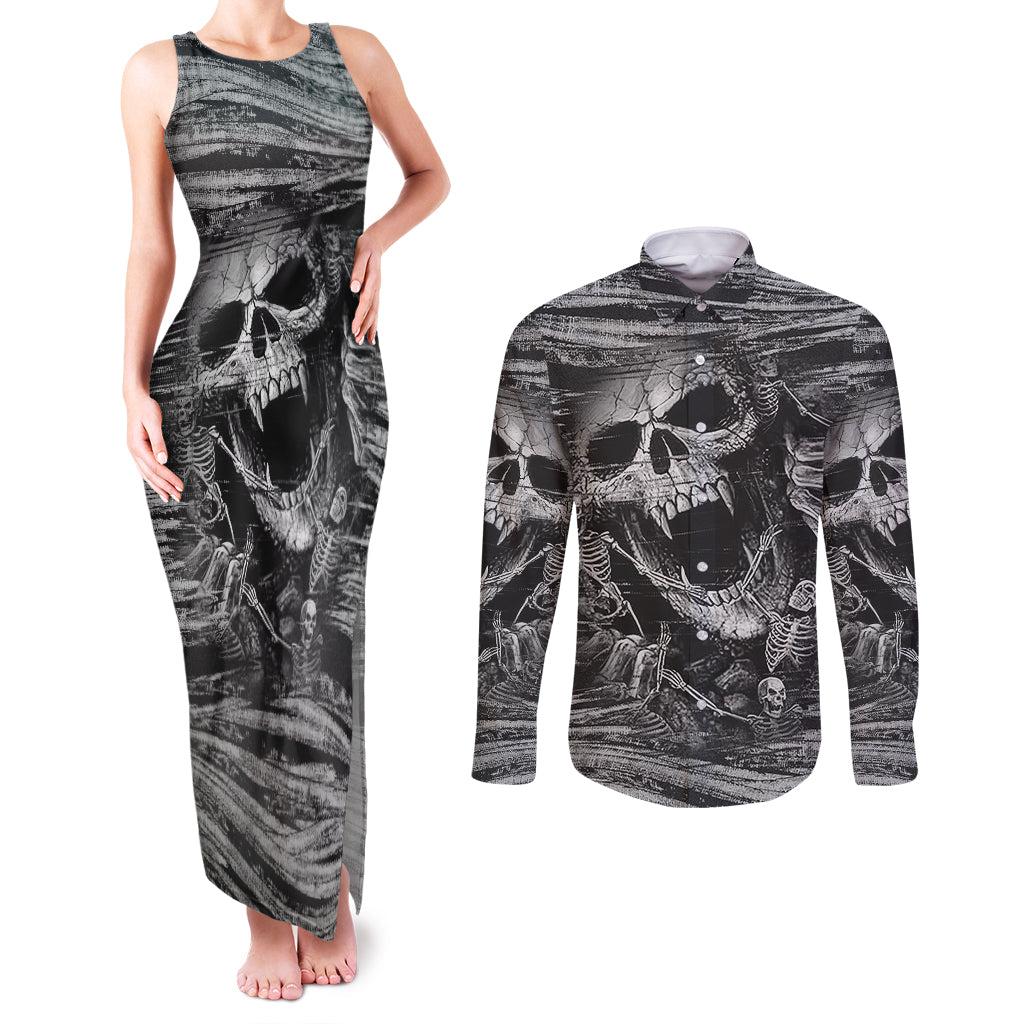black-and-white-metallica-skull-couples-matching-tank-maxi-dress-and-long-sleeve-button-shirts