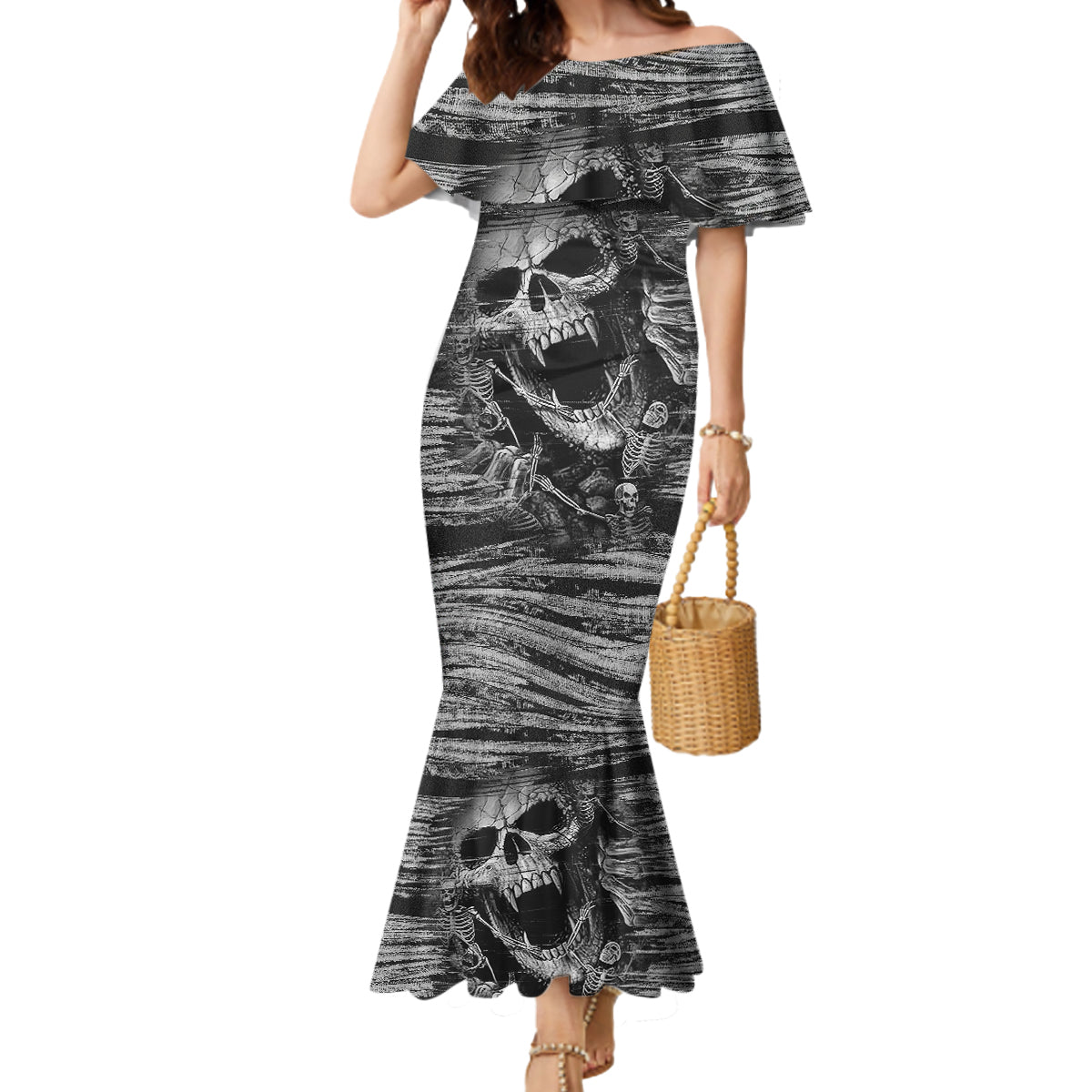 black-and-white-metallica-skull-mermaid-dress