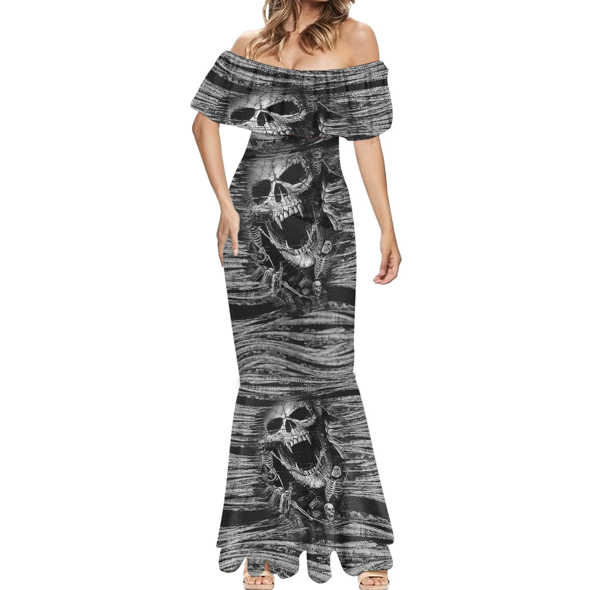 black-and-white-metallica-skull-mermaid-dress