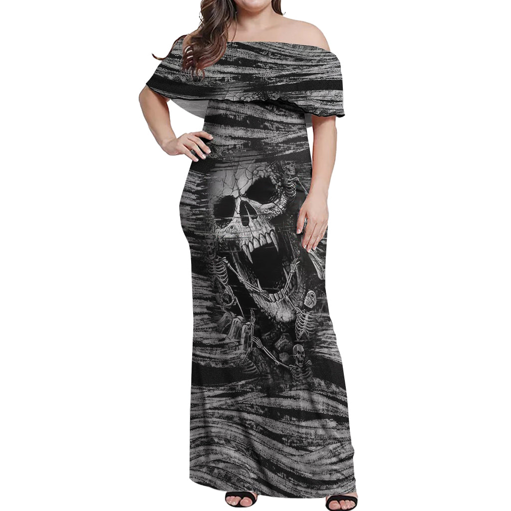 black-and-white-metallica-skull-off-shoulder-maxi-dress