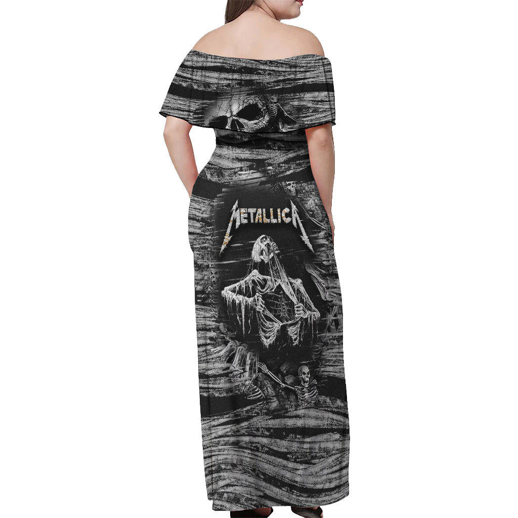 black-and-white-metallica-skull-off-shoulder-maxi-dress