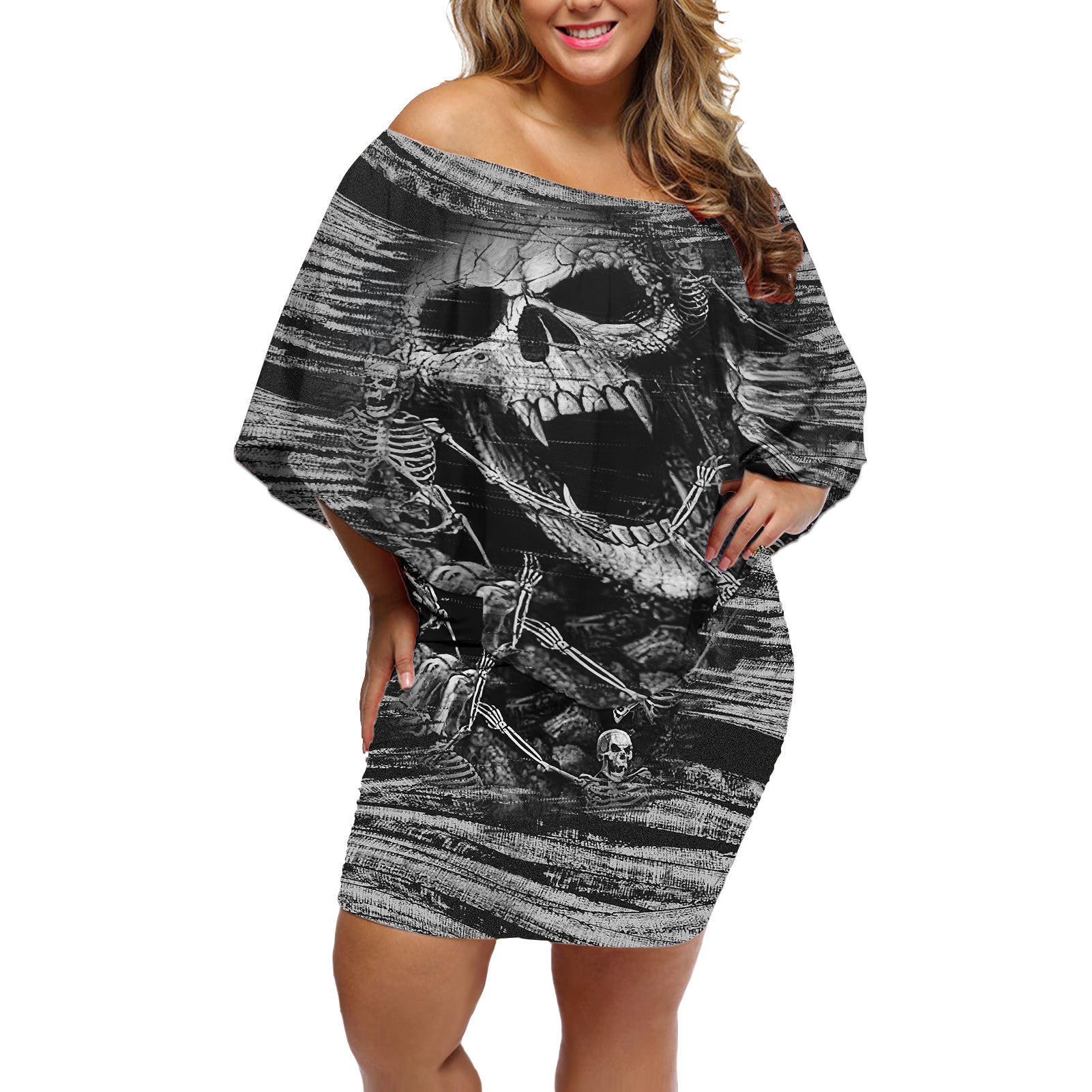 black-and-white-metallica-skull-off-shoulder-short-dress