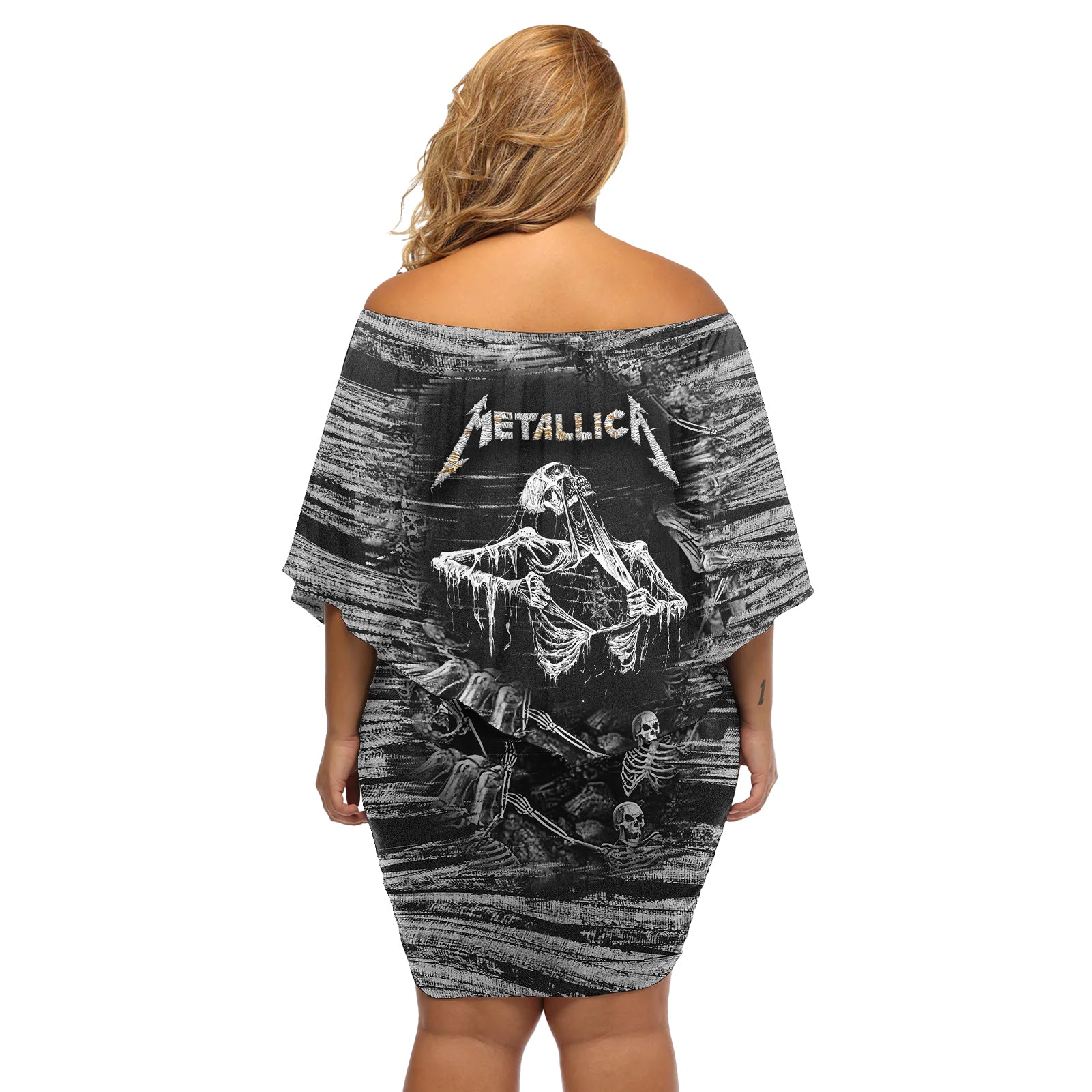 black-and-white-metallica-skull-off-shoulder-short-dress