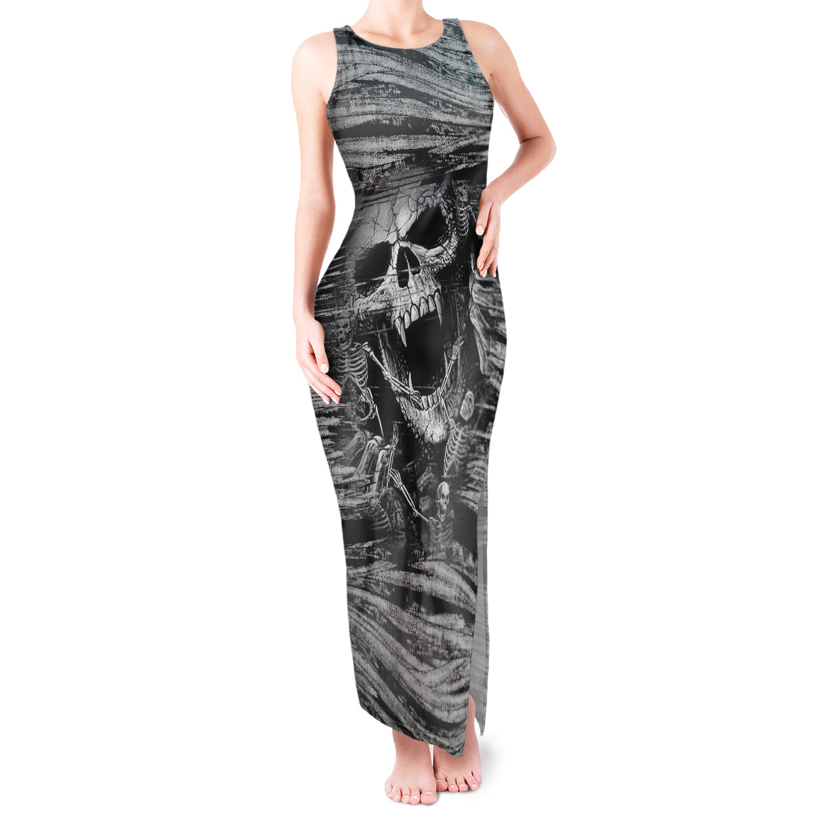 black-and-white-metallica-skull-tank-maxi-dress