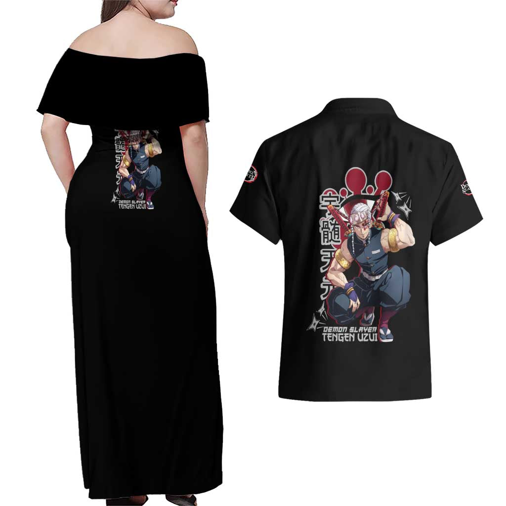 Uzui Tengen Demon Slayer Couples Matching Off Shoulder Maxi Dress and Hawaiian Shirt Anime Style