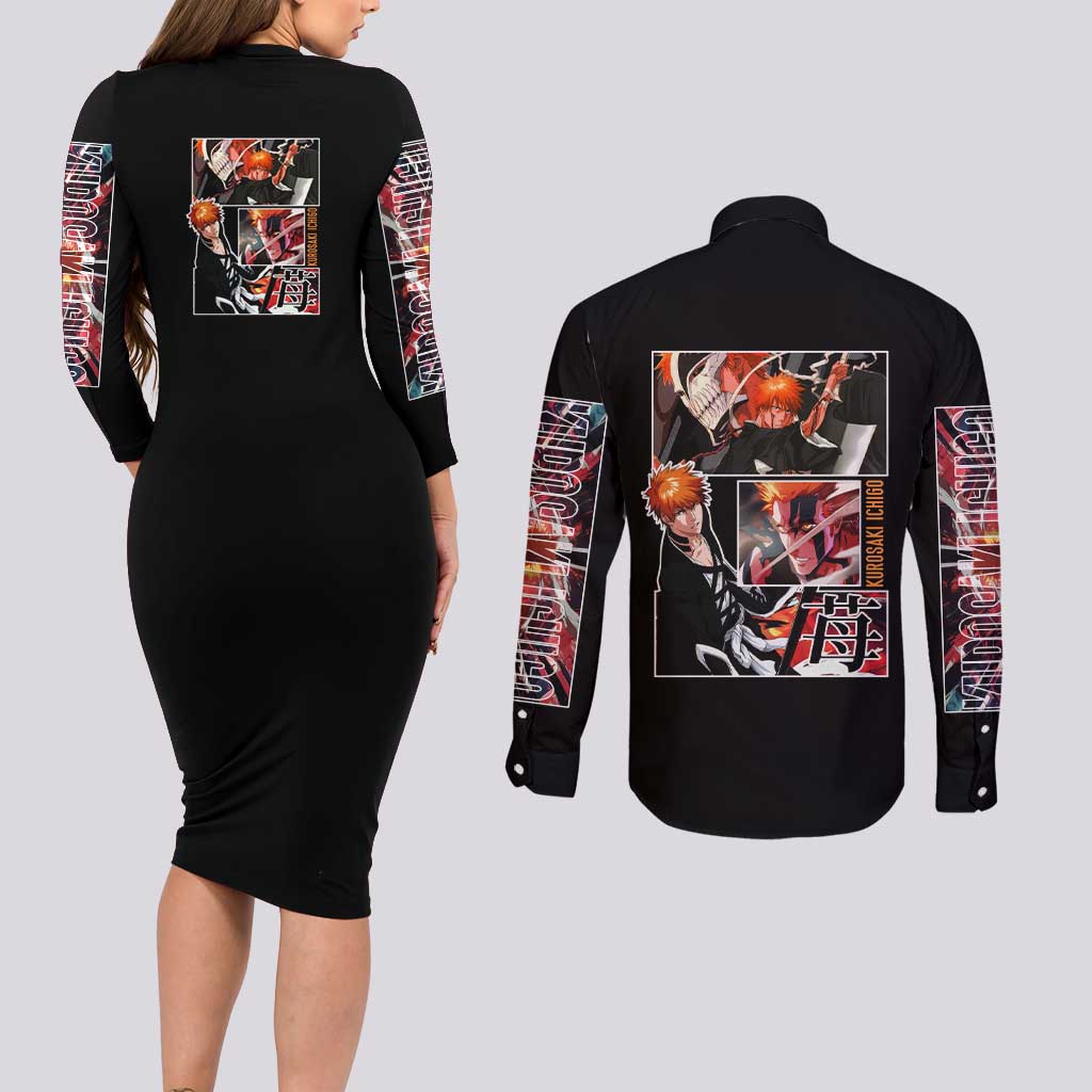 Kurosaki Ichigo TYBWA Bleach Couples Matching Long Sleeve Bodycon Dress and Long Sleeve Button Shirt Anime Style