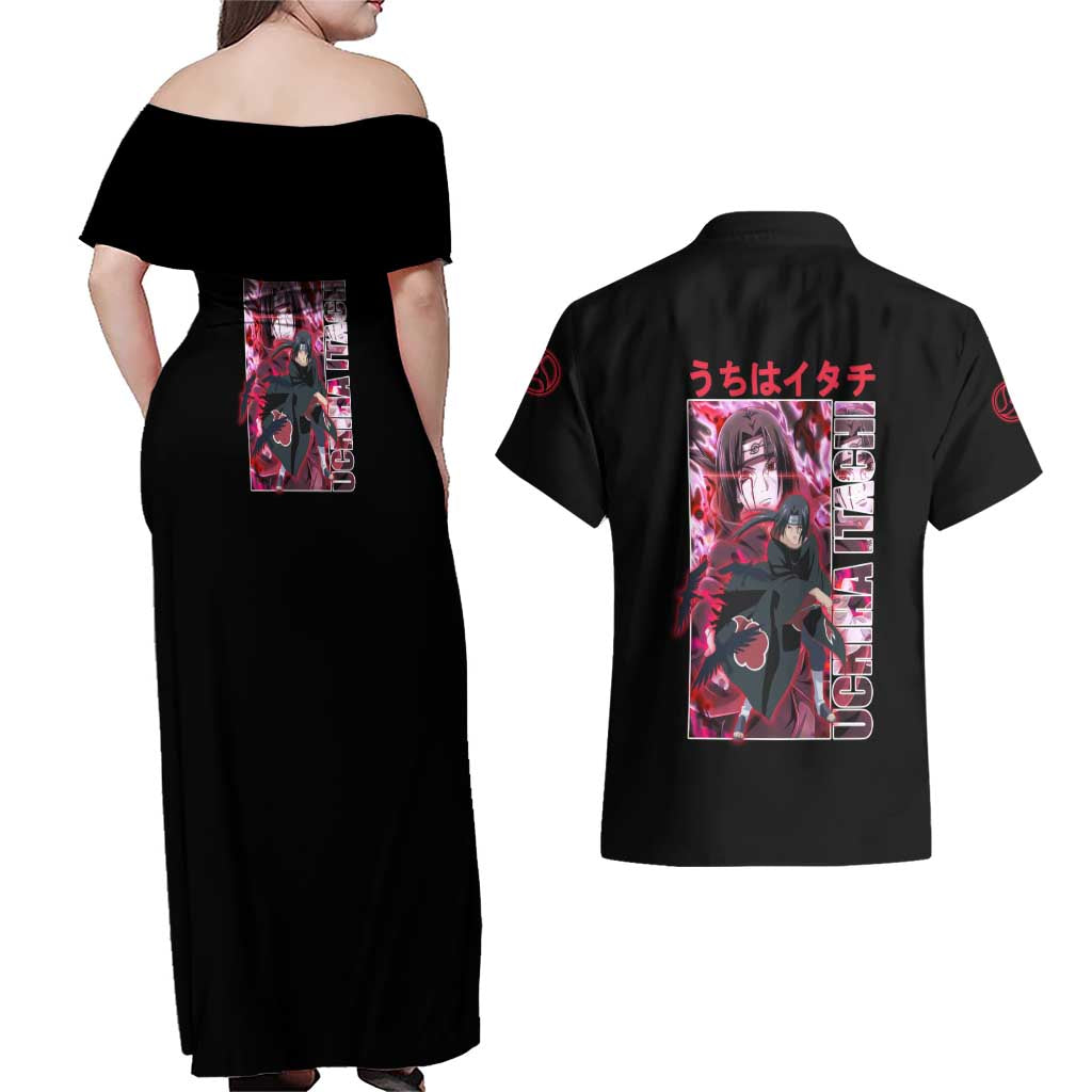 Uchiha Itachi Naruto Shippuden Couples Matching Off Shoulder Maxi Dress and Hawaiian Shirt Anime Style