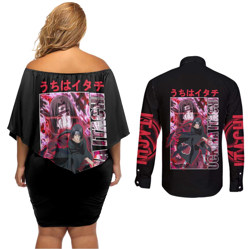 Uchiha Itachi Naruto Shippuden Couples Matching Off Shoulder Short Dress and Long Sleeve Button Shirt Anime Style