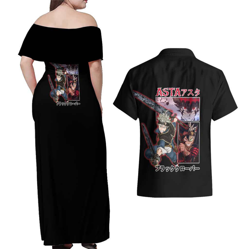 Asta Black Clover Couples Matching Off Shoulder Maxi Dress and Hawaiian Shirt Anime Style