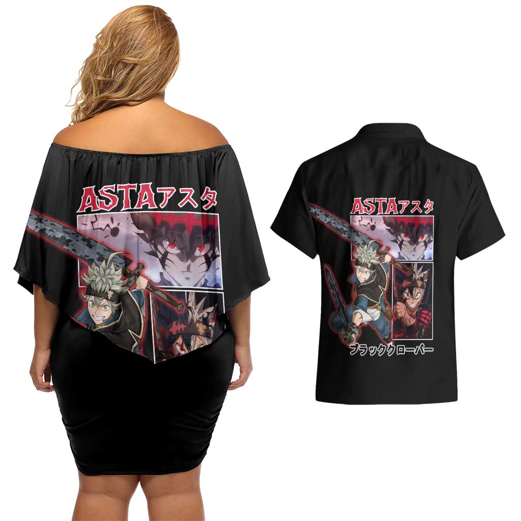 Asta Black Clover Couples Matching Off Shoulder Short Dress and Hawaiian Shirt Anime Style