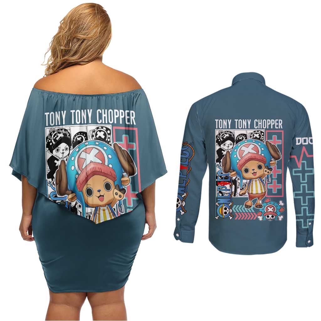 Tony Tony Chopper V2 One Piece Couples Matching Off Shoulder Short Dress and Long Sleeve Button Shirt Anime Style