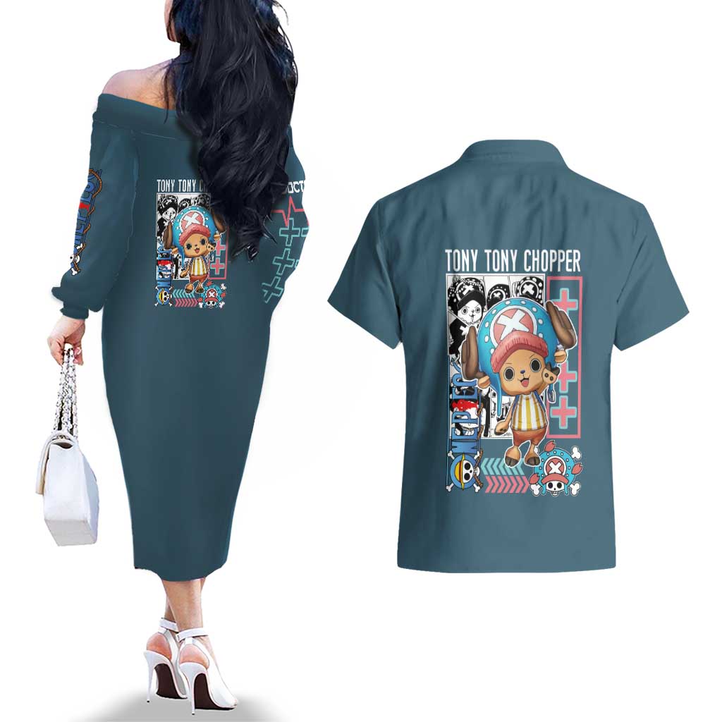Tony Tony Chopper V2 One Piece Couples Matching Off The Shoulder Long Sleeve Dress and Hawaiian Shirt Anime Style