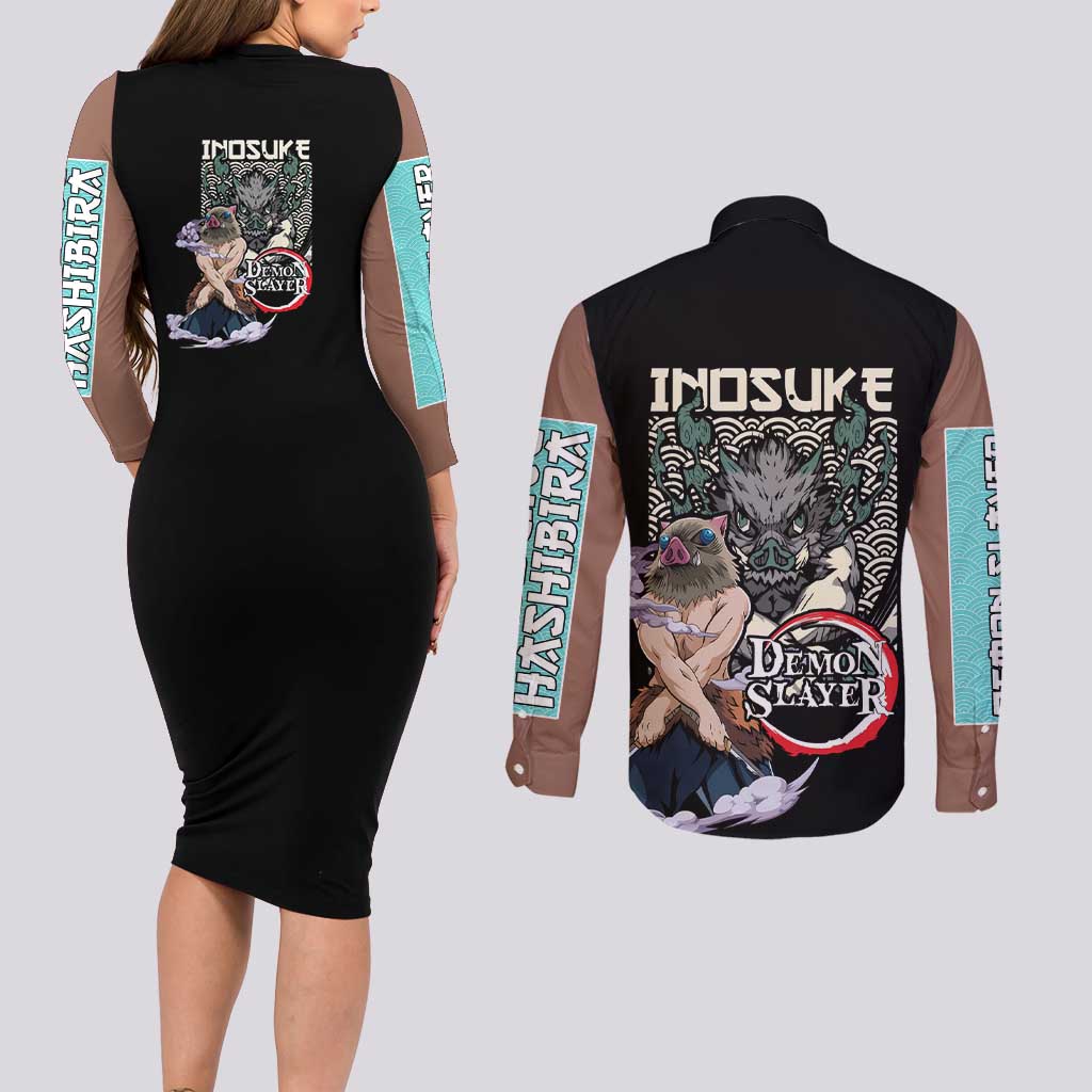 Hashibira Inosuke Demon Slayer Couples Matching Long Sleeve Bodycon Dress and Long Sleeve Button Shirt Anime Style