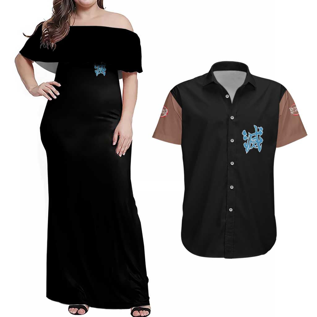 Hashibira Inosuke Demon Slayer Couples Matching Off Shoulder Maxi Dress and Hawaiian Shirt Anime Style