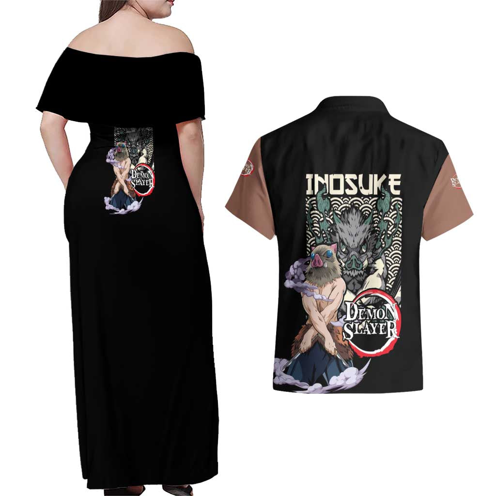 Hashibira Inosuke Demon Slayer Couples Matching Off Shoulder Maxi Dress and Hawaiian Shirt Anime Style