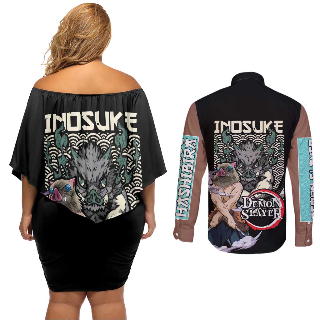 Hashibira Inosuke Demon Slayer Couples Matching Off Shoulder Short Dress and Long Sleeve Button Shirt Anime Style