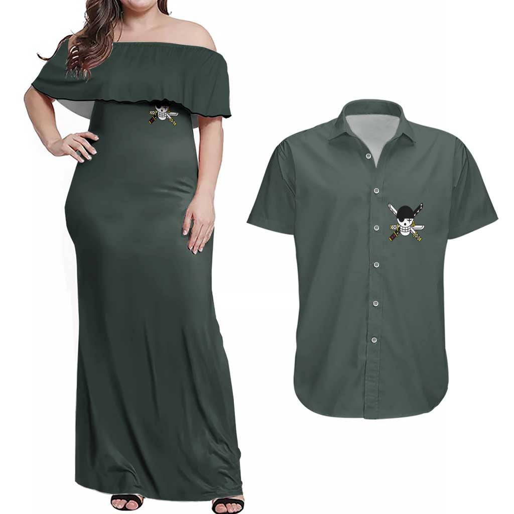 Roronoa Zoro V2 One Piece Couples Matching Off Shoulder Maxi Dress and Hawaiian Shirt Anime Style