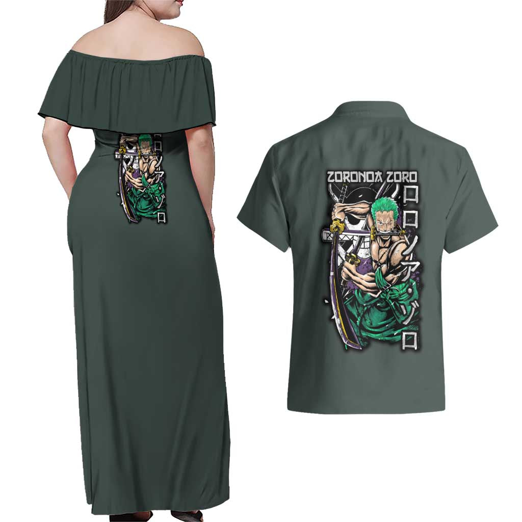 Roronoa Zoro V2 One Piece Couples Matching Off Shoulder Maxi Dress and Hawaiian Shirt Anime Style