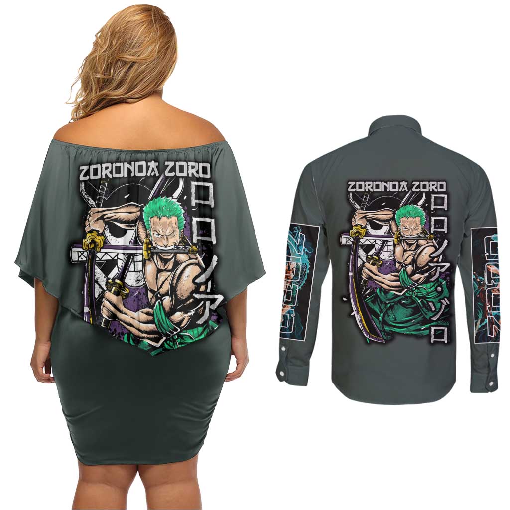 Roronoa Zoro V2 One Piece Couples Matching Off Shoulder Short Dress and Long Sleeve Button Shirt Anime Style