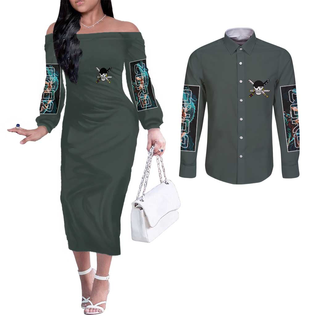Roronoa Zoro V2 One Piece Couples Matching Off The Shoulder Long Sleeve Dress and Long Sleeve Button Shirt Anime Style