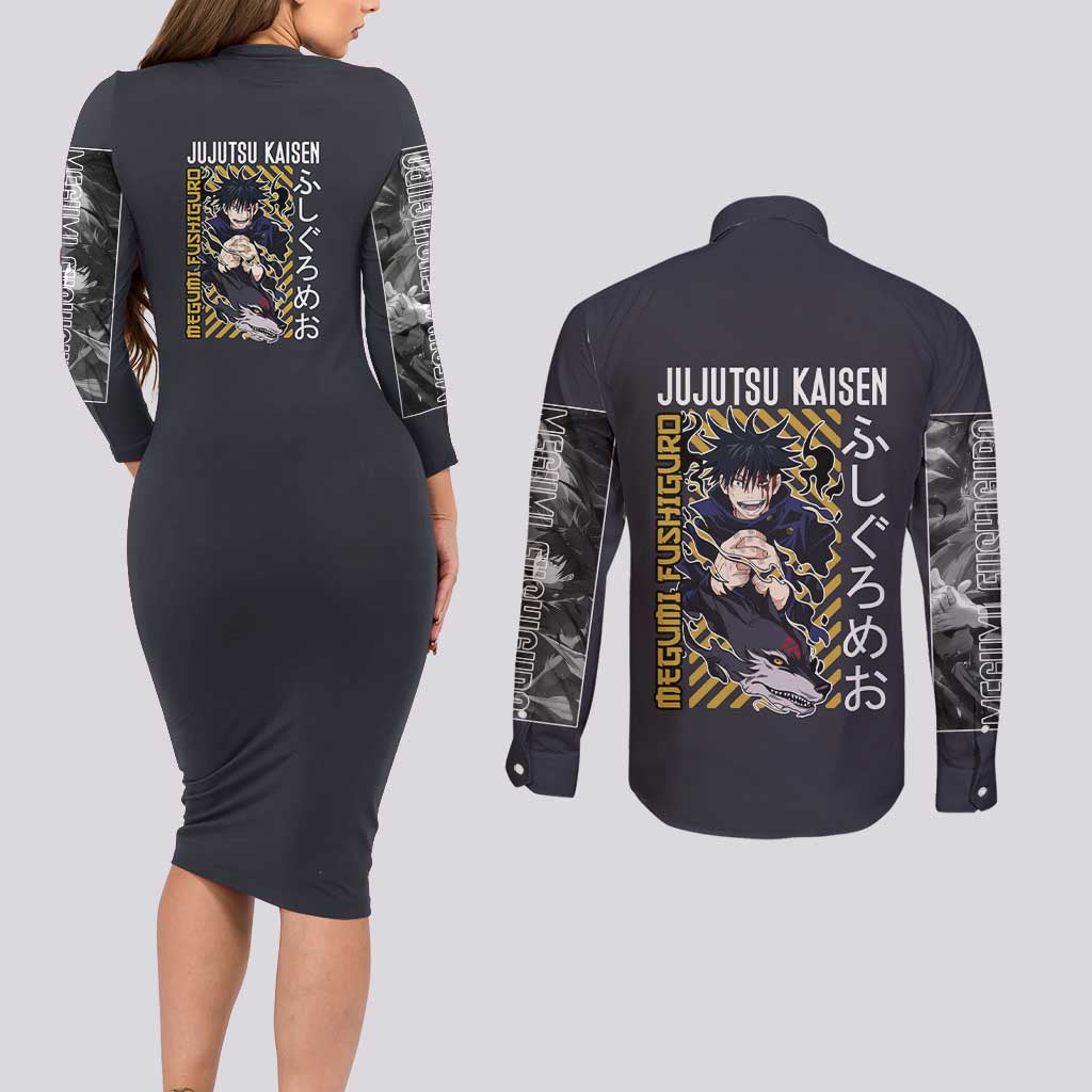 Fushiguro Megumi Jujutsu Kaisen Couples Matching Long Sleeve Bodycon Dress and Long Sleeve Button Shirt Anime Style