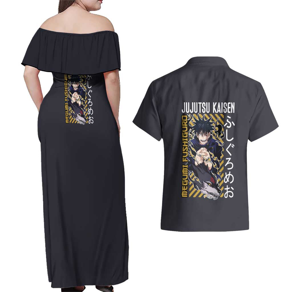Fushiguro Megumi Jujutsu Kaisen Couples Matching Off Shoulder Maxi Dress and Hawaiian Shirt Anime Style