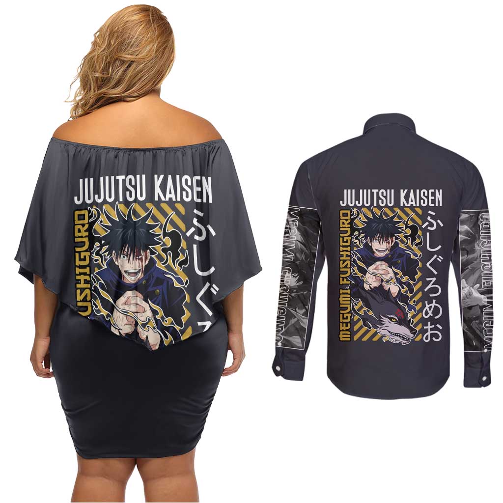 Fushiguro Megumi Jujutsu Kaisen Couples Matching Off Shoulder Short Dress and Long Sleeve Button Shirt Anime Style