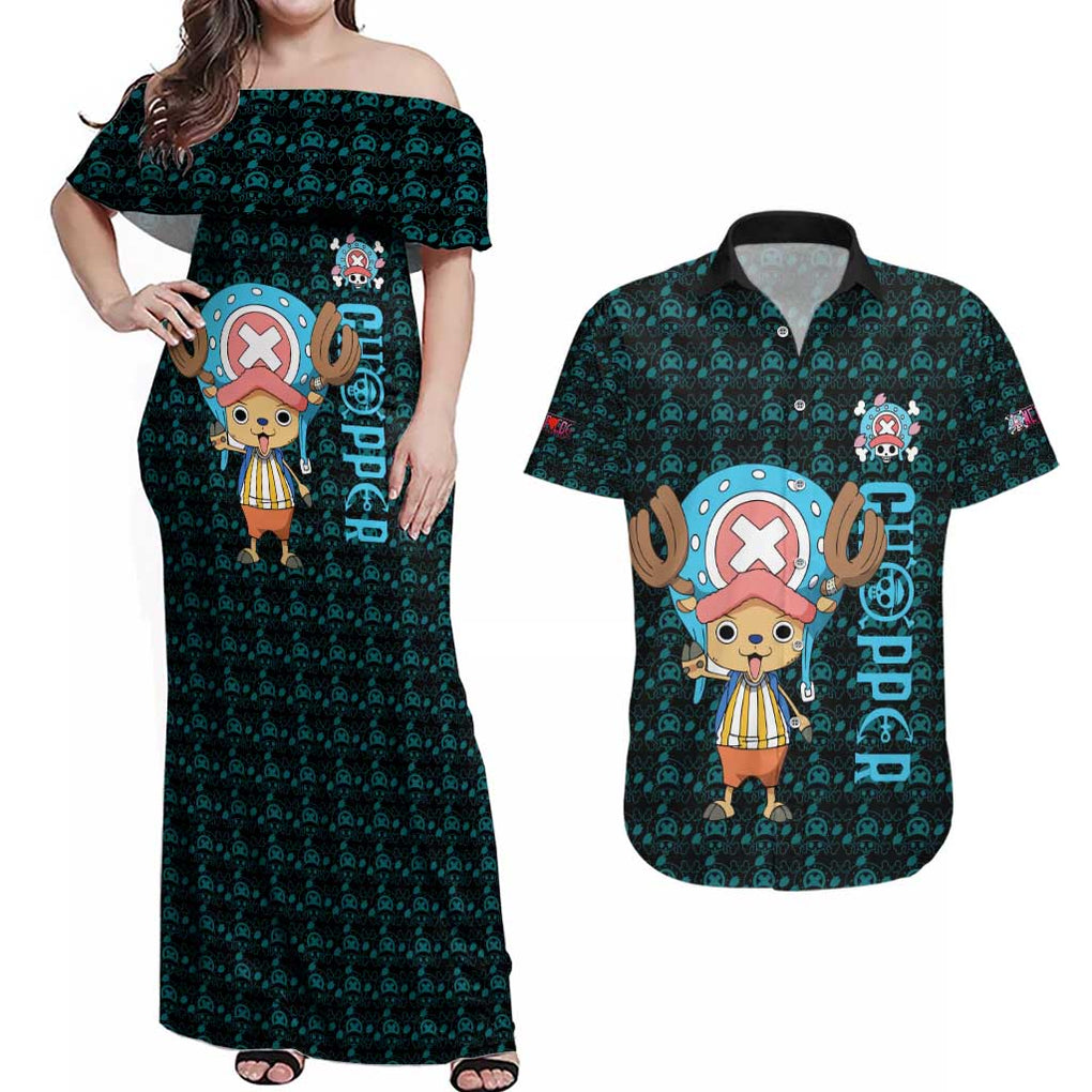 Tony Tony Chopper - Straw Hat Team - One Piece Couples Matching Off Shoulder Maxi Dress and Hawaiian Shirt Anime Style
