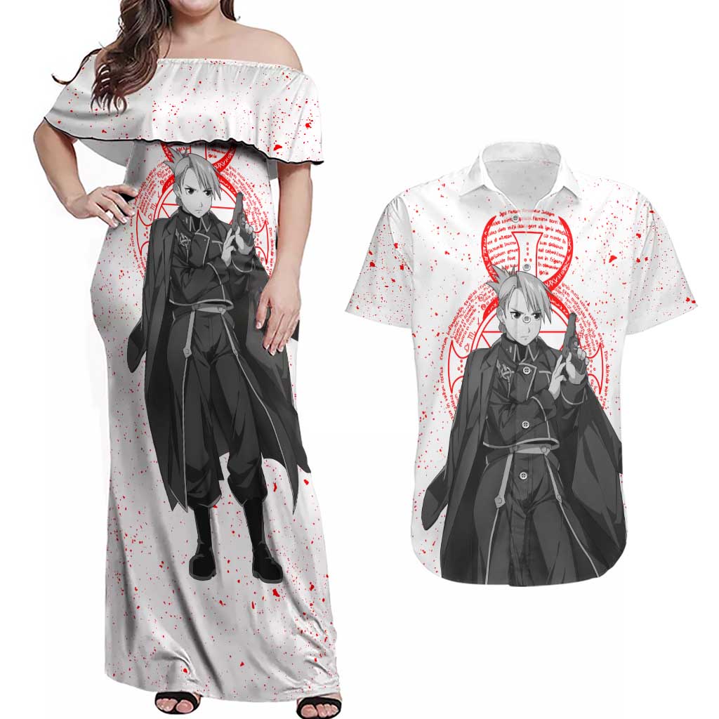 Riza Hawkeye - Fullmetal Alchemist Couples Matching Off Shoulder Maxi Dress and Hawaiian Shirt Anime Mix Manga Style