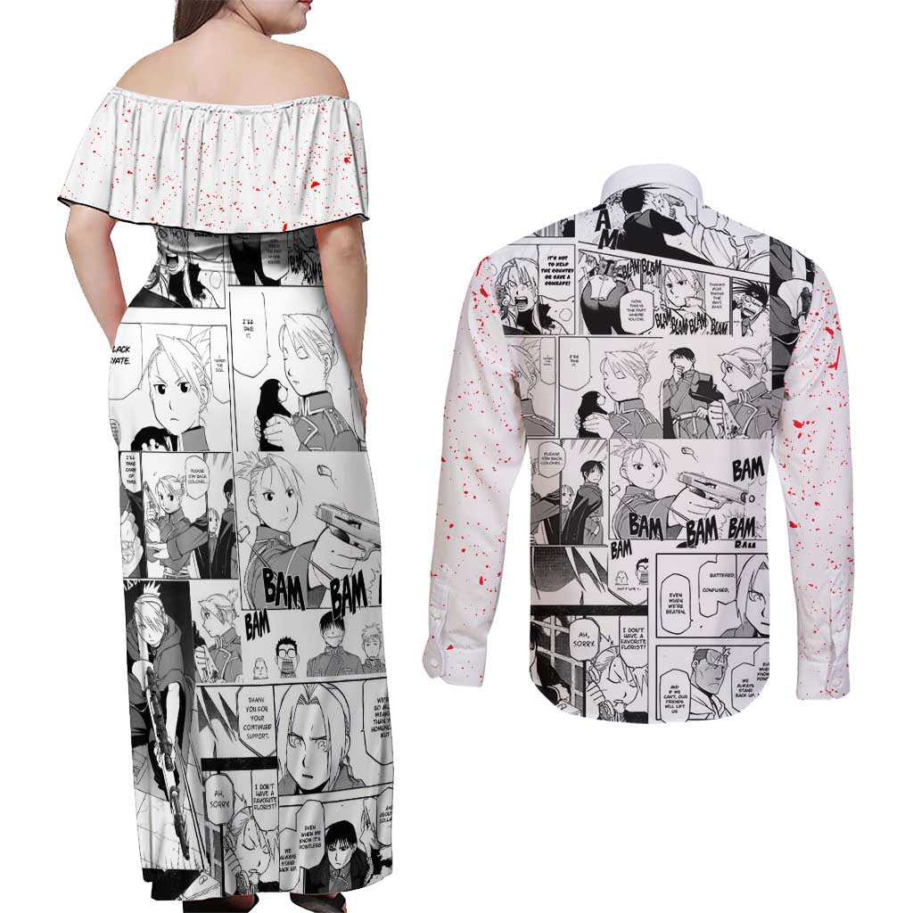 Riza Hawkeye - Fullmetal Alchemist Couples Matching Off Shoulder Maxi Dress and Long Sleeve Button Shirt Anime Mix Manga Style