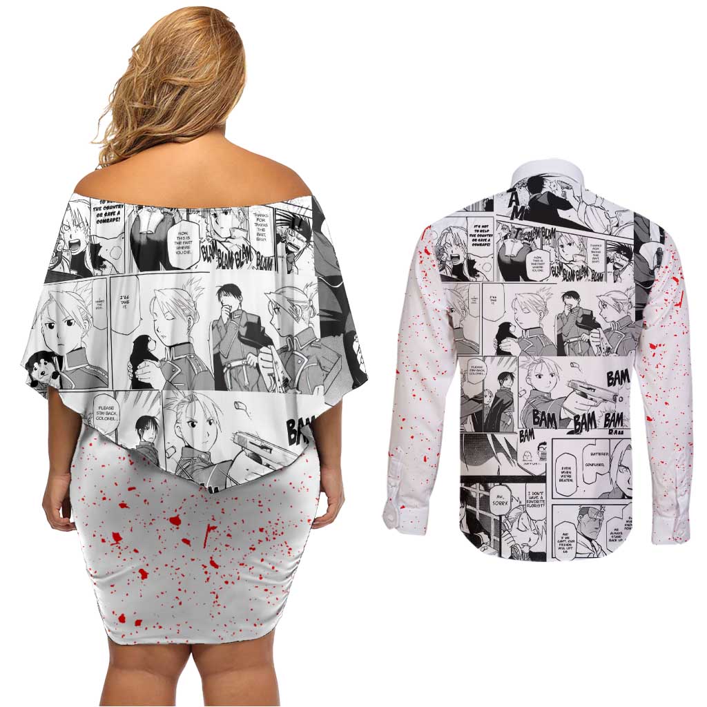 Riza Hawkeye - Fullmetal Alchemist Couples Matching Off Shoulder Short Dress and Long Sleeve Button Shirt Anime Mix Manga Style