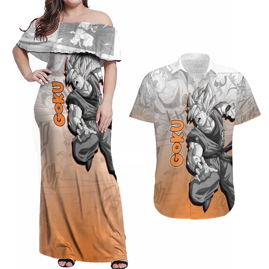Goku - Dragonball Couples Matching Off Shoulder Maxi Dress and Hawaiian Shirt Anime Mix Manga Style