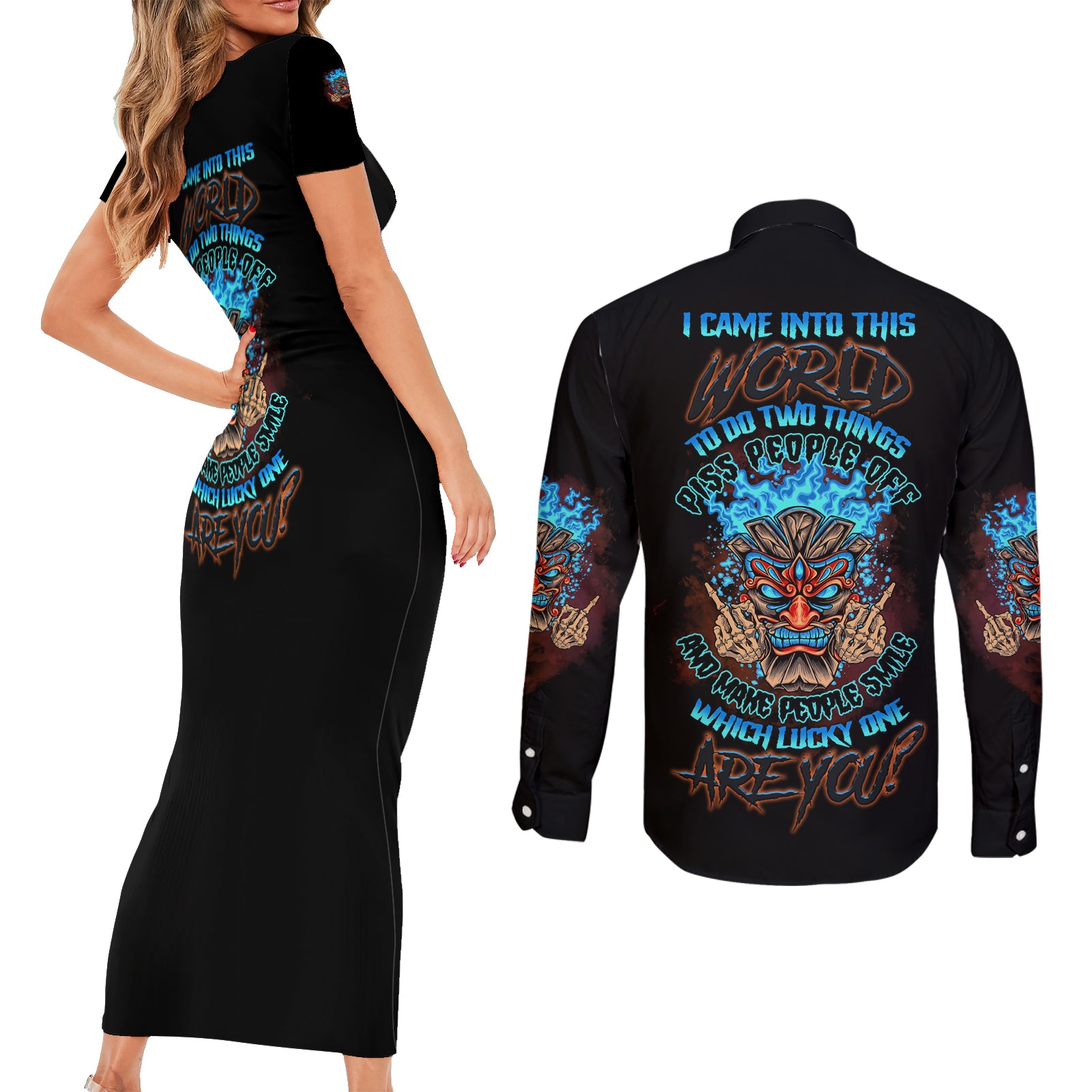 which-lucky-one-are-you-skull-tiki-couples-matching-short-sleeve-bodycon-dress-and-long-sleeve-button-shirt