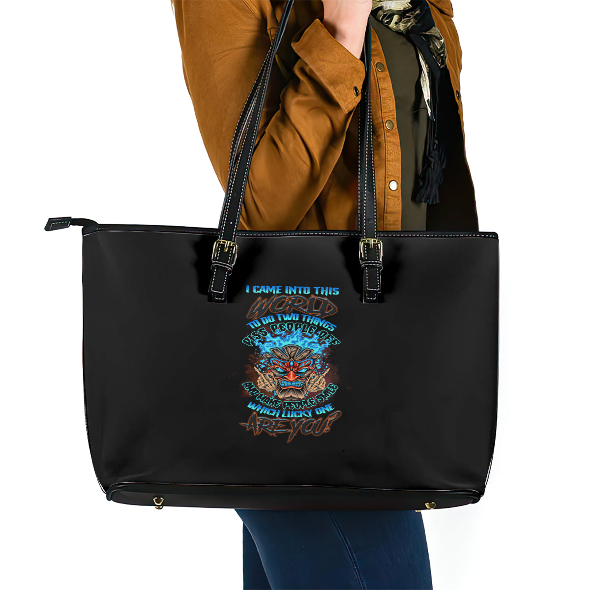 which-lucky-one-are-you-skull-tiki-leather-tote-bag