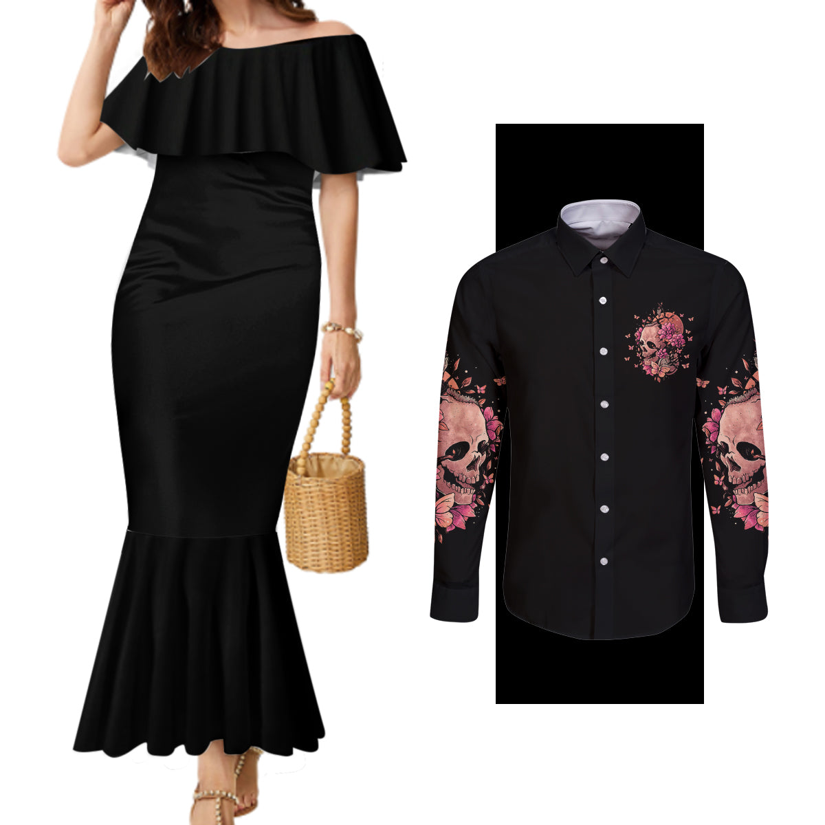 i-am-a-sweet-girl-flower-skull-couples-matching-mermaid-dress-and-long-sleeve-button-shirt