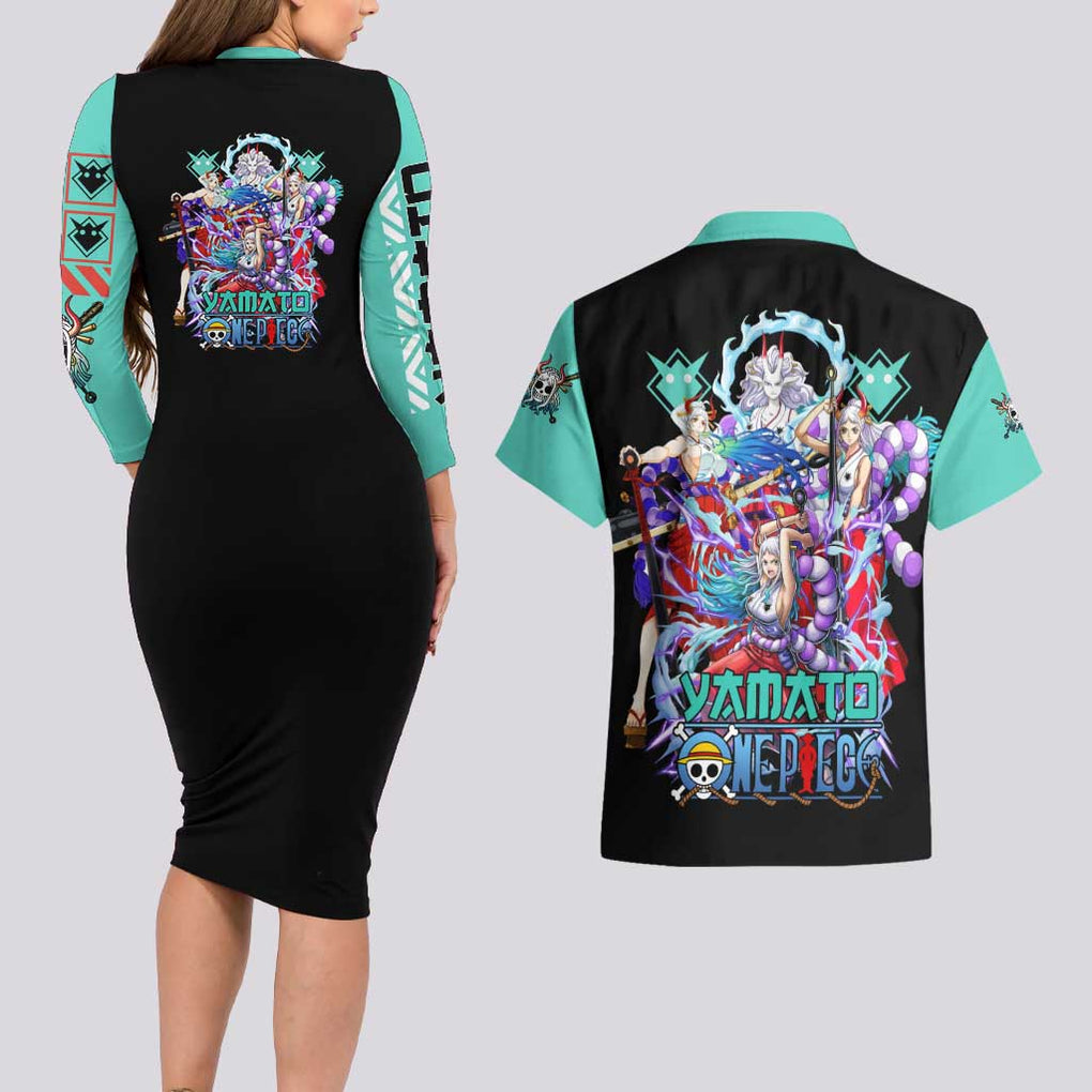 Yamato V3 One Piece Couples Matching Long Sleeve Bodycon Dress and Hawaiian Shirt Abtract Style