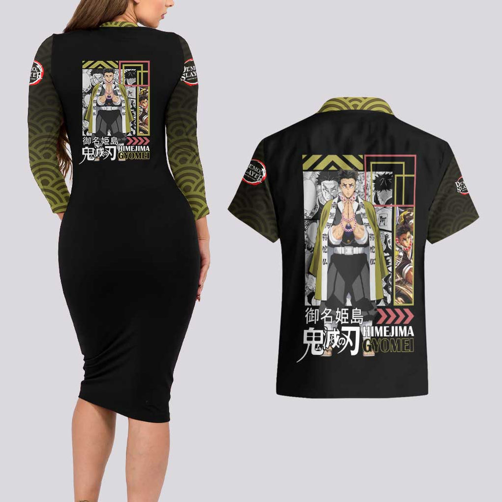 Gyomei Himejima - Kimesu No Yaiba Couples Matching Long Sleeve Bodycon Dress and Hawaiian Shirt Japan Anime Style