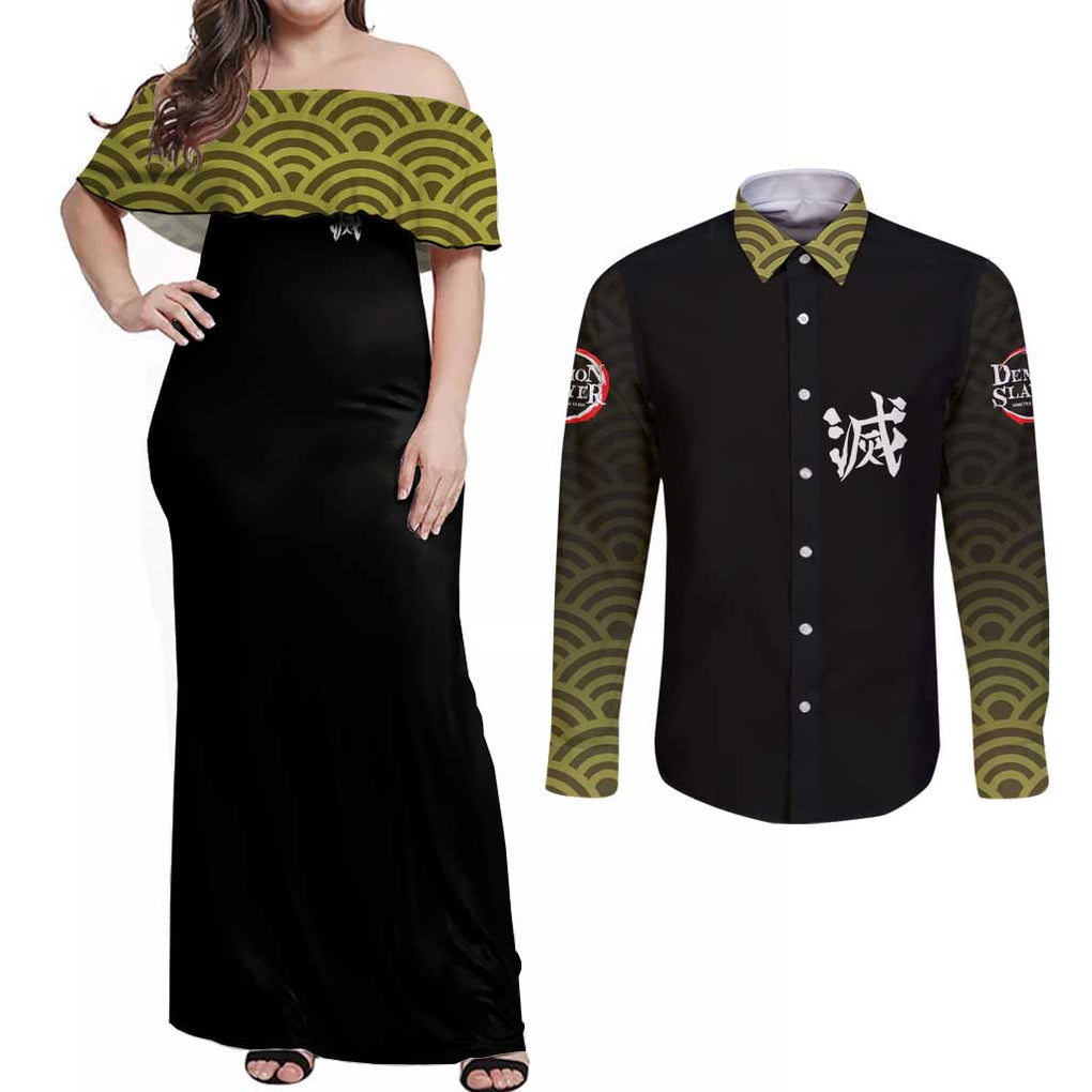 Gyomei Himejima - Kimesu No Yaiba Couples Matching Off Shoulder Maxi Dress and Long Sleeve Button Shirt Japan Anime Style