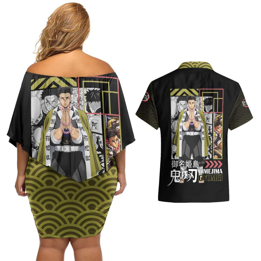 Gyomei Himejima - Kimesu No Yaiba Couples Matching Off Shoulder Short Dress and Hawaiian Shirt Japan Anime Style