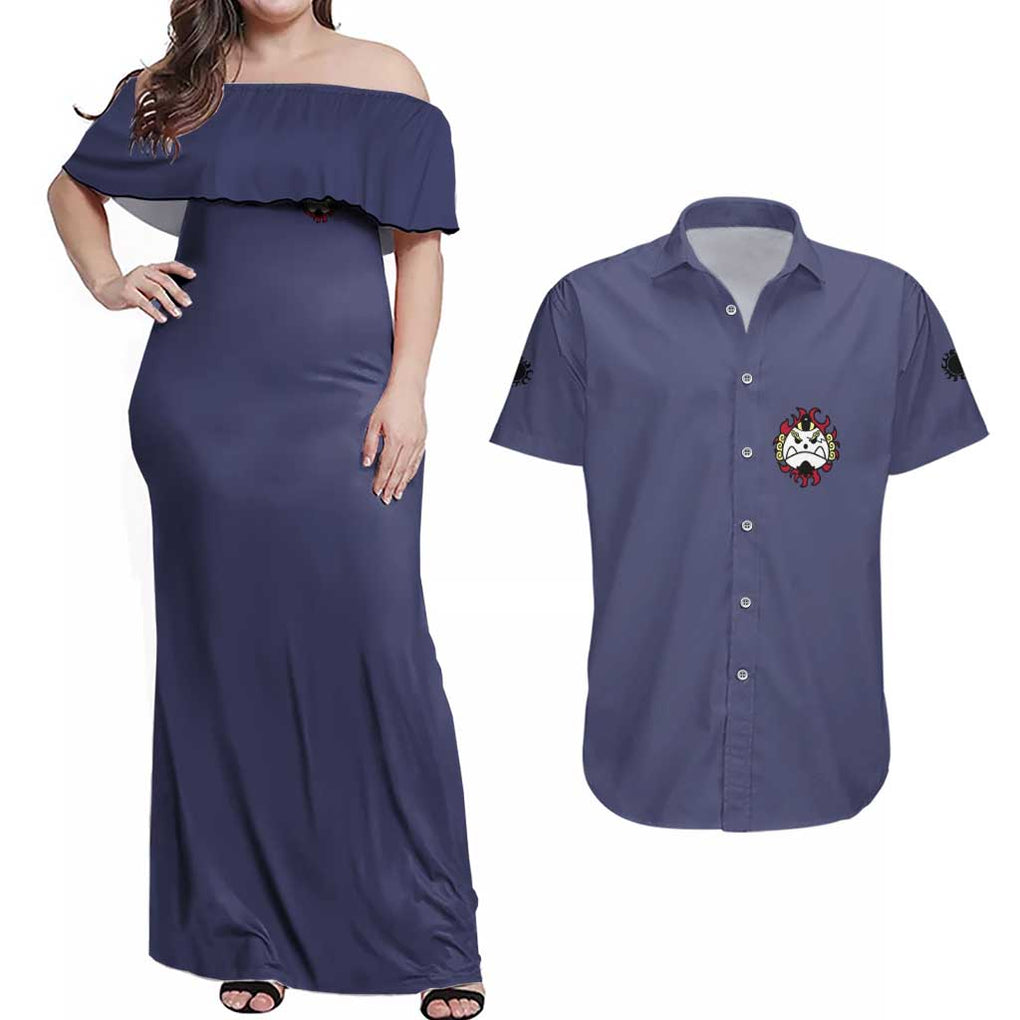 Jinbei One Piece Couples Matching Off Shoulder Maxi Dress and Hawaiian Shirt Anime Style