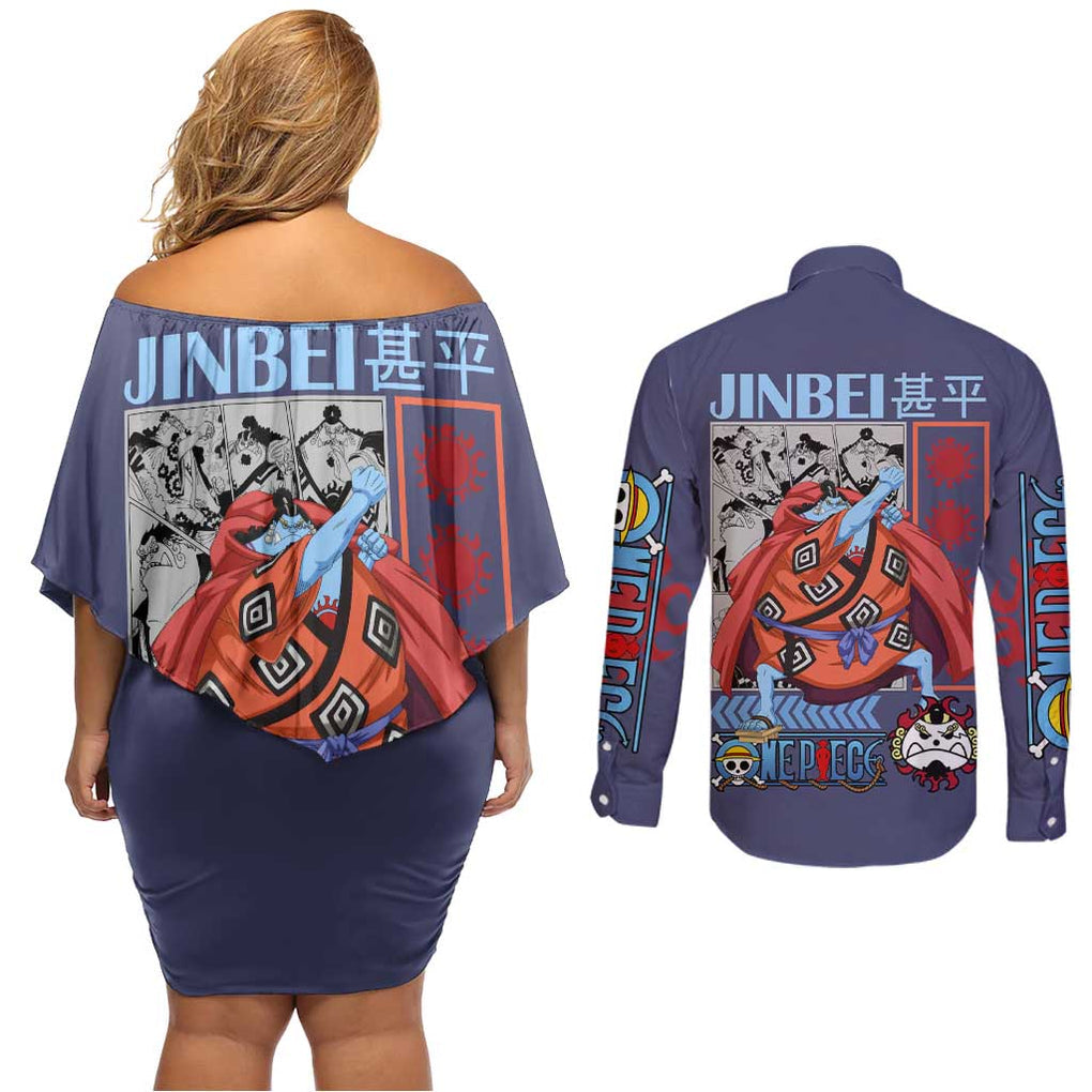 Jinbei One Piece Couples Matching Off Shoulder Short Dress and Long Sleeve Button Shirt Anime Style