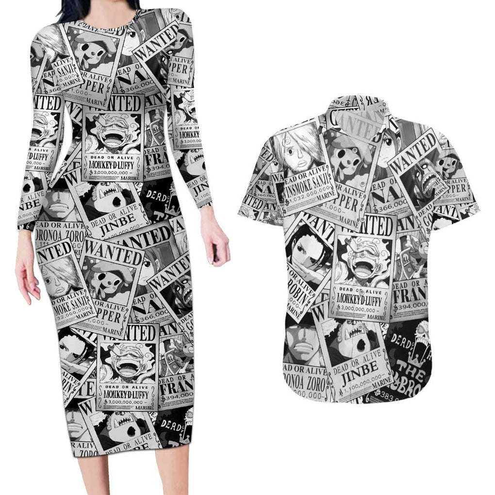 Straw Hat Wanted Pattern One Piece Couples Matching Long Sleeve Bodycon Dress and Hawaiian Shirt Anime Mix Manga Style