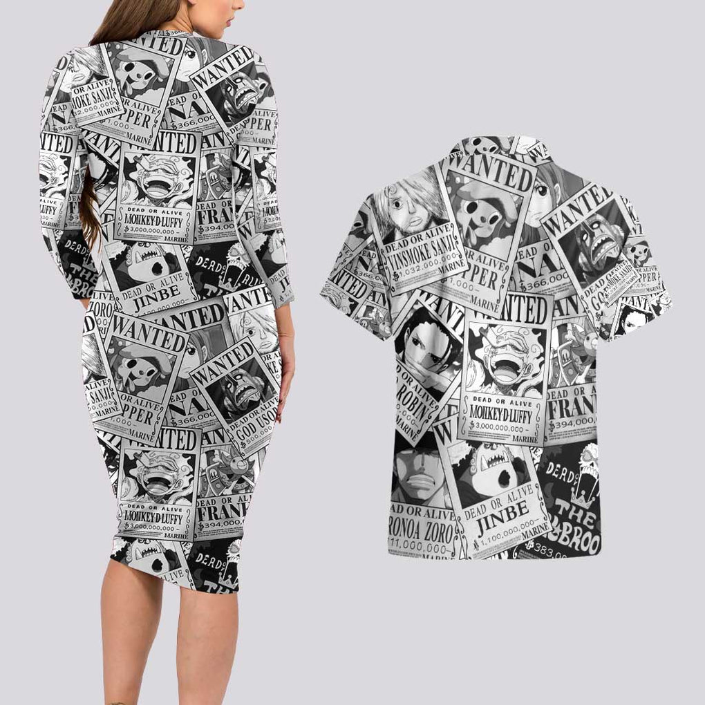 Straw Hat Wanted Pattern One Piece Couples Matching Long Sleeve Bodycon Dress and Hawaiian Shirt Anime Mix Manga Style
