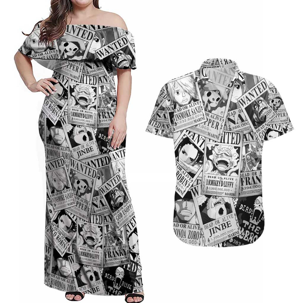 Straw Hat Wanted Pattern One Piece Couples Matching Off Shoulder Maxi Dress and Hawaiian Shirt Anime Mix Manga Style