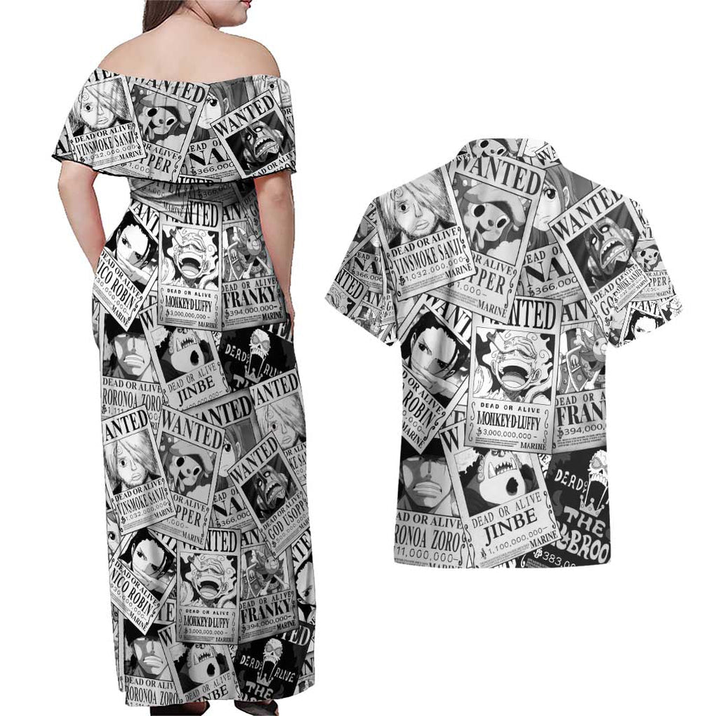 Straw Hat Wanted Pattern One Piece Couples Matching Off Shoulder Maxi Dress and Hawaiian Shirt Anime Mix Manga Style
