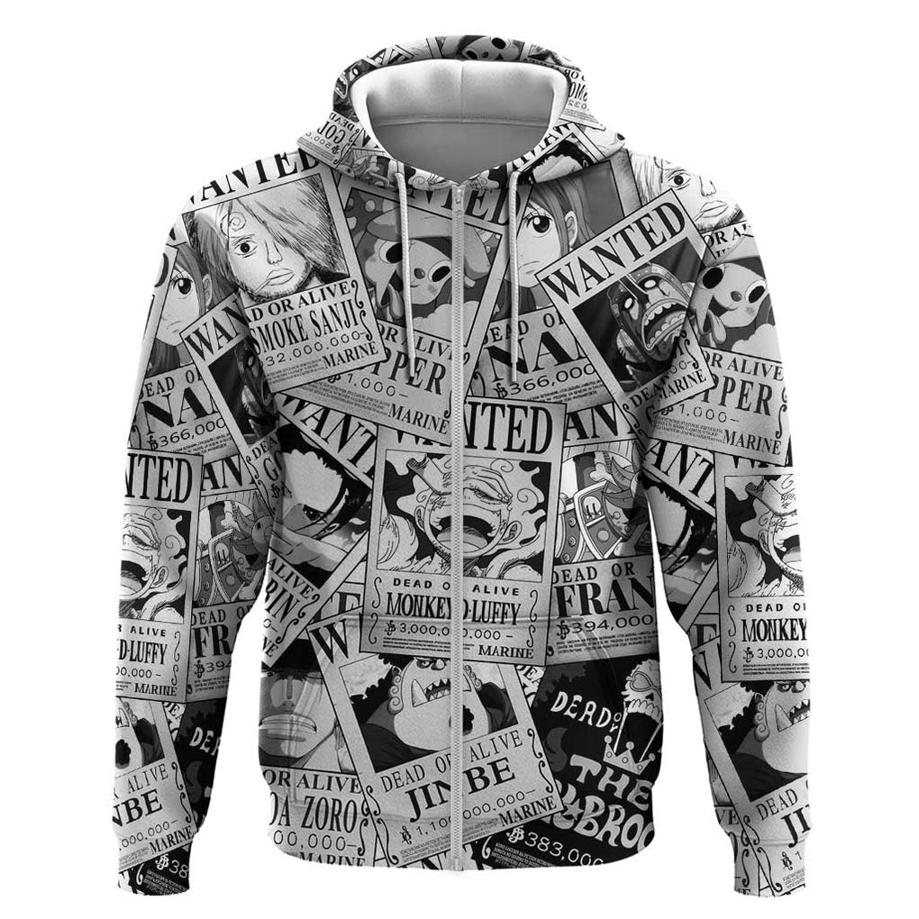 Straw Hat Wanted Pattern One Piece Zip Hoodie Anime Mix Manga Style